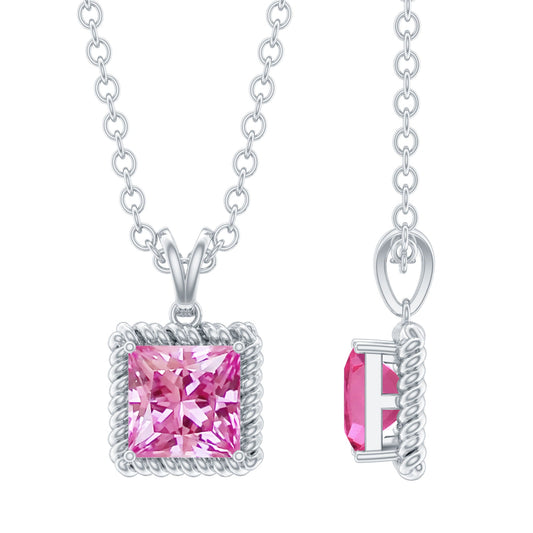 Princess Cut 0.7 Carat Lab Created Pink Sapphire Solitaire Pendant Necklace