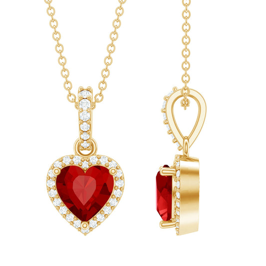 Certified 1.6 Carat Lab Created Ruby Heart Necklace with Diamond Halo