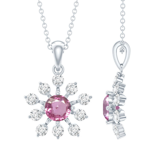 Genuine 0.58 Carat Pink Sapphire and Diamond Flower Pendant Necklace