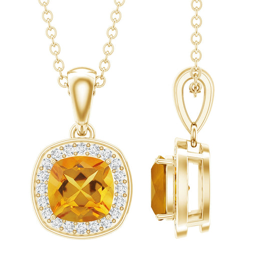 Natural 0.9 Carat Citrine and Diamond Halo Necklace with Silver Chain