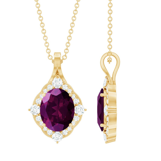 Vintage Style 3.6 Carat Rhodolite Garnet Necklace with Diamond Halo