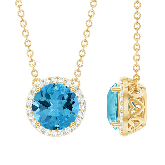 Natural 1.5 Carat Swiss Blue Topaz Chain Necklace with Diamond Halo