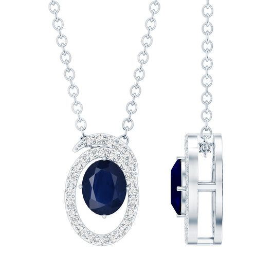 Certified Oval Shape Blue Sapphire Diamond Pendant Necklace with Chain