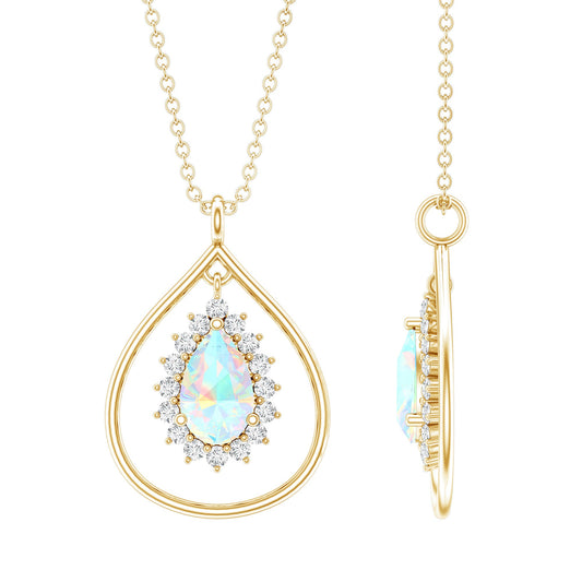 Natural 0.6 Carat Ethiopian Opal Teardrop Pendant Necklace with Lab Diamond Halo