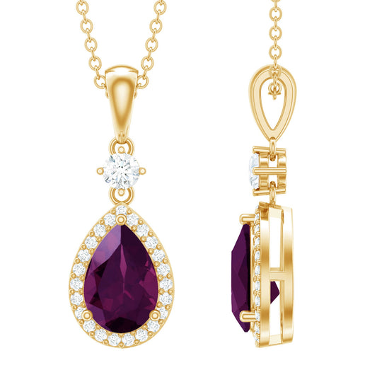 Certified 1.5 Carat Rhodolite Teardrop Necklace with Diamond Halo