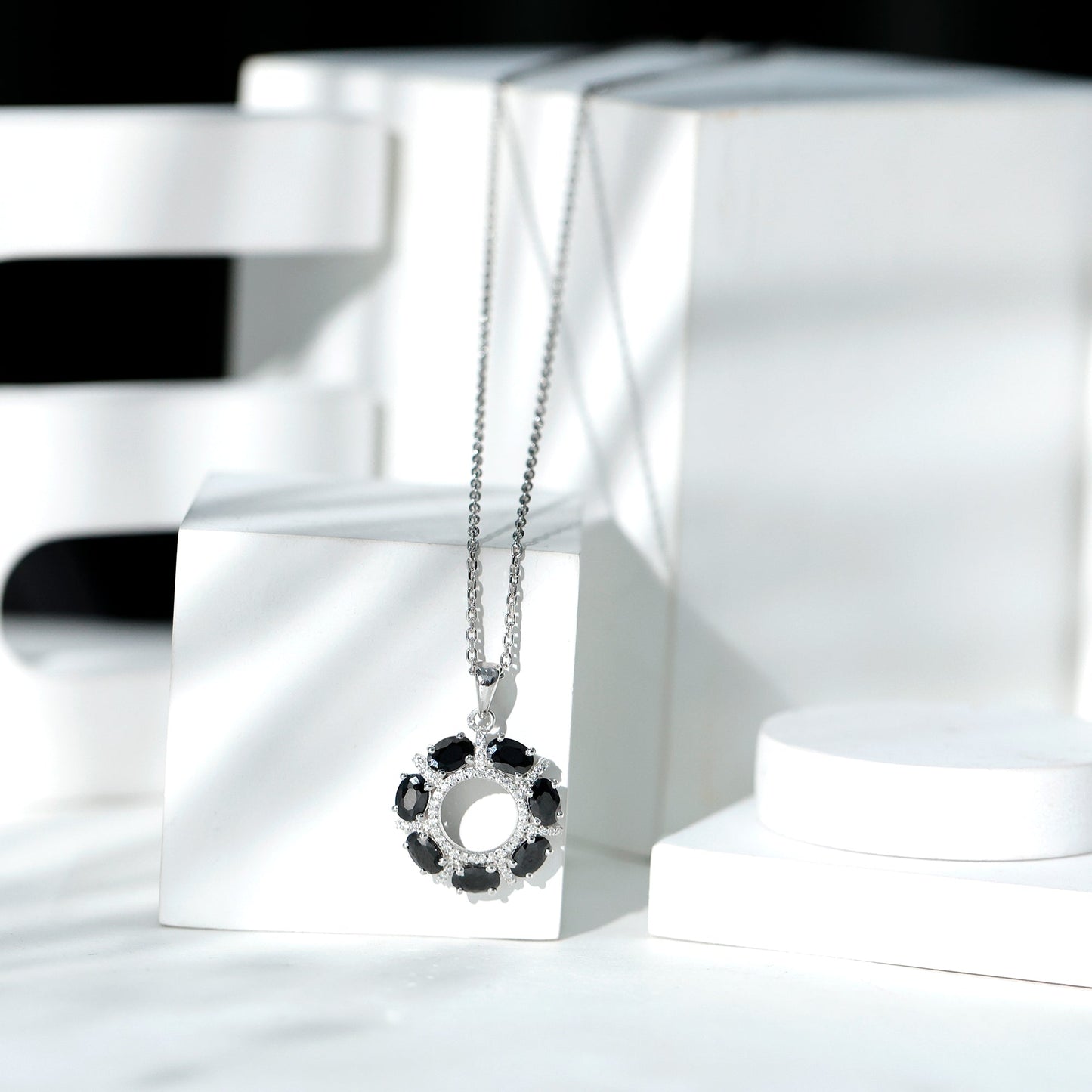 3 CT Oval Cut Black Spinel Eternity Necklace with Silver Chain