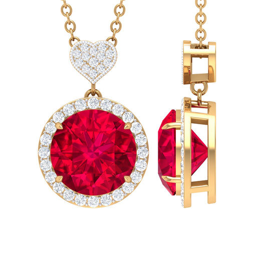 2.3 Carat Lab Created Ruby Halo Necklace with Diamond Heart