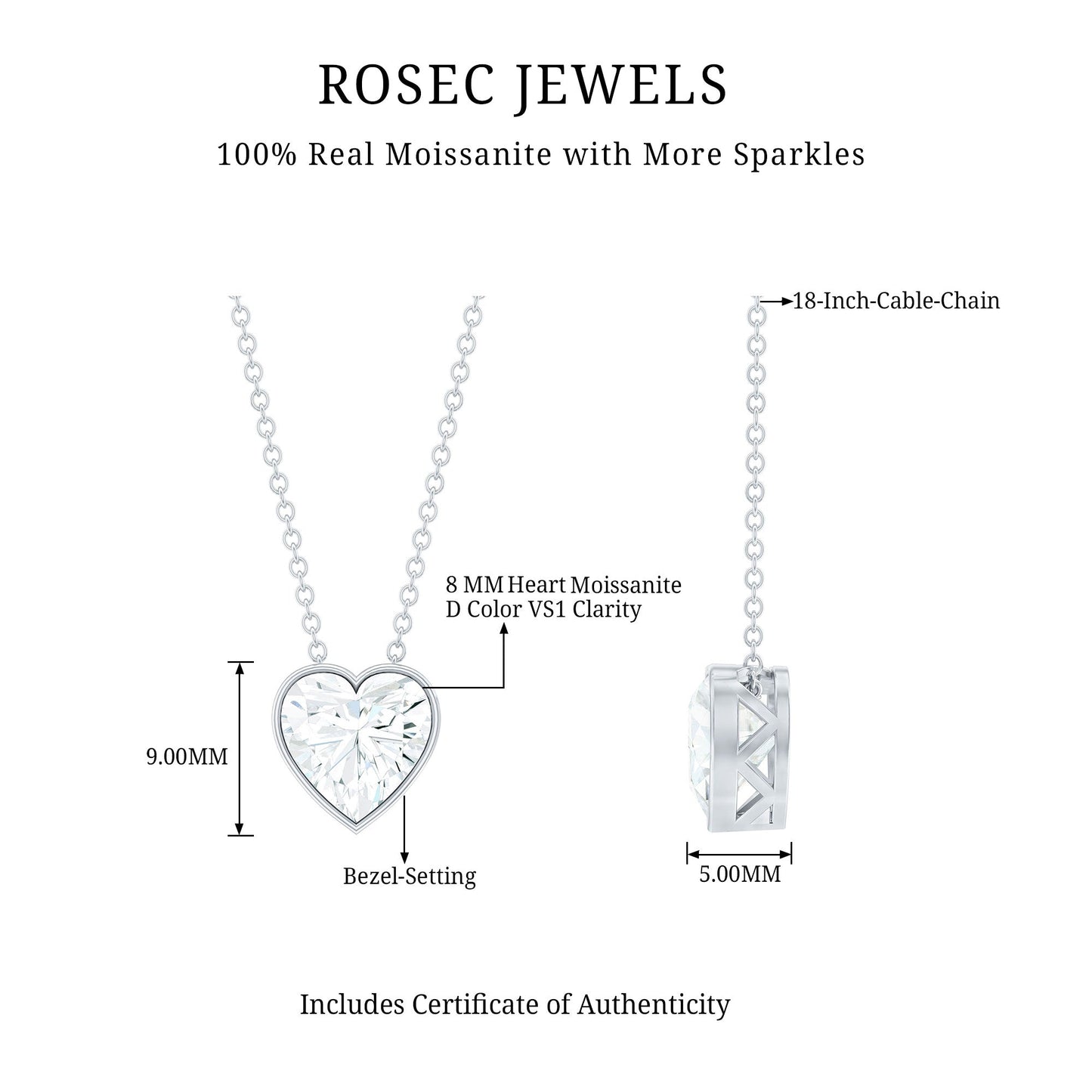 2 Carat Heart Shape Moissanite Solitaire Necklace in Bezel Setting