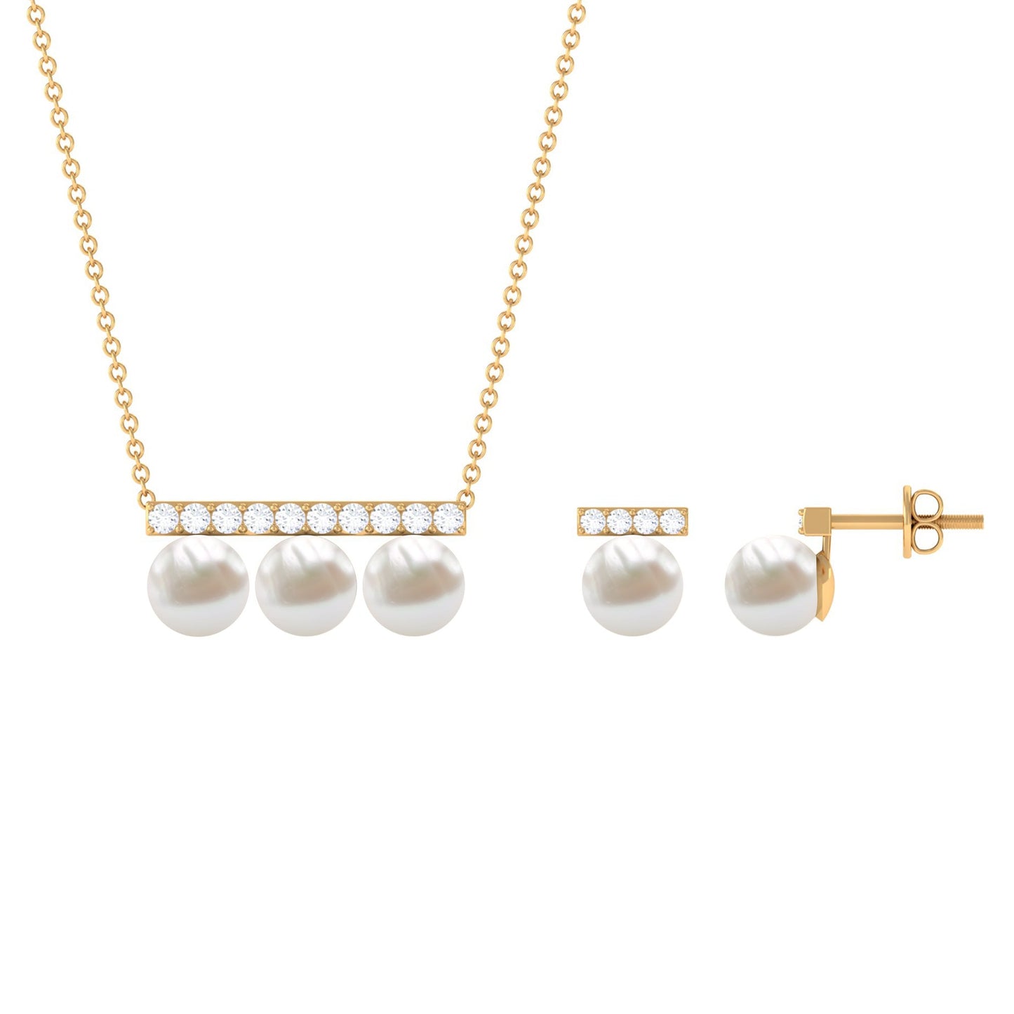 Freshwater Pearl Classic Three Stone Bar jewelry Set with Diamond