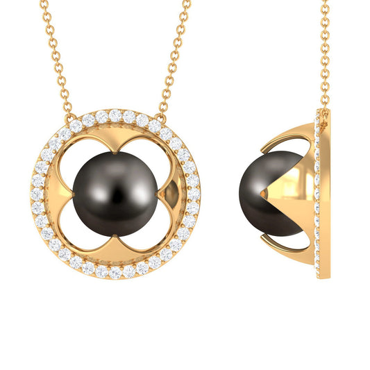 8 Carat Solitaire Tahitian Pearl and Diamond Flower Necklace