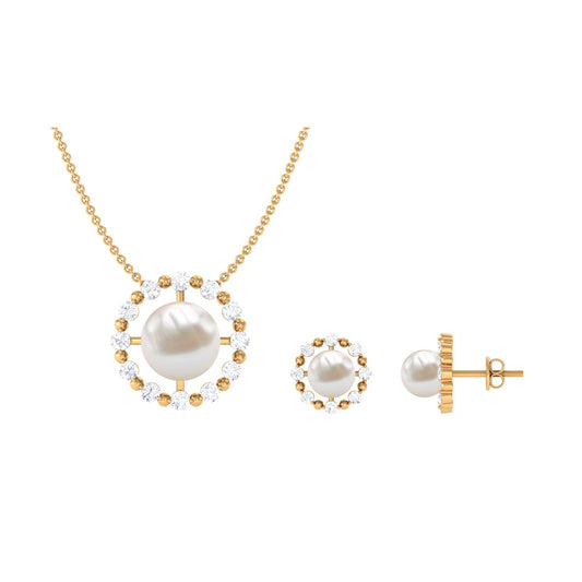 Genuine Freshwater Pearl Halo Necklace and Earrings Set with Certificate
