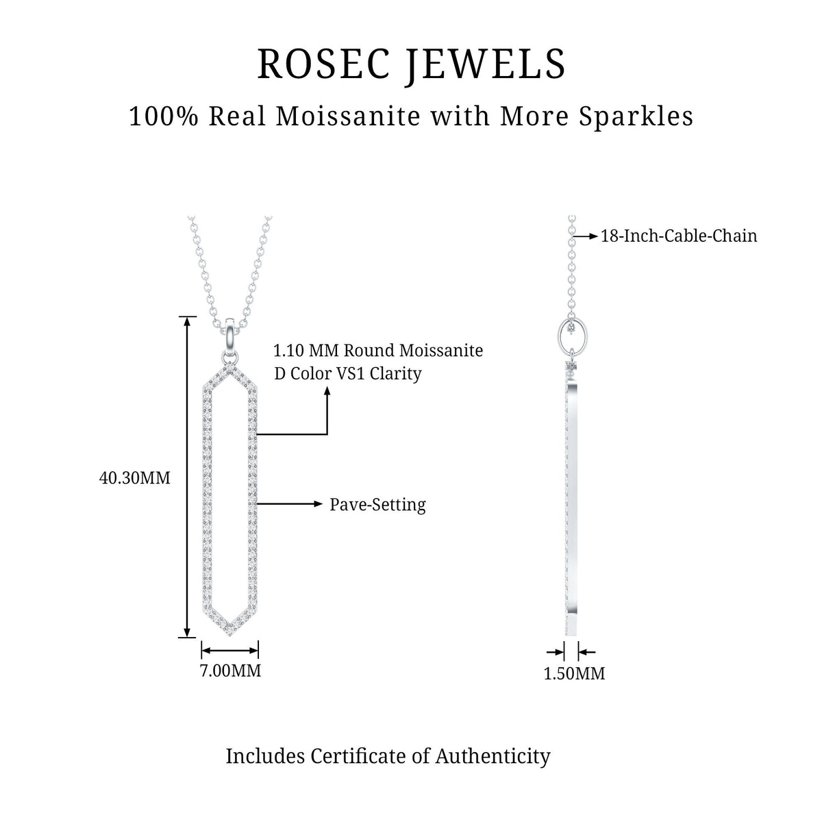 Elongated Hexagonal Moissanite Pendant Necklace with Certificate