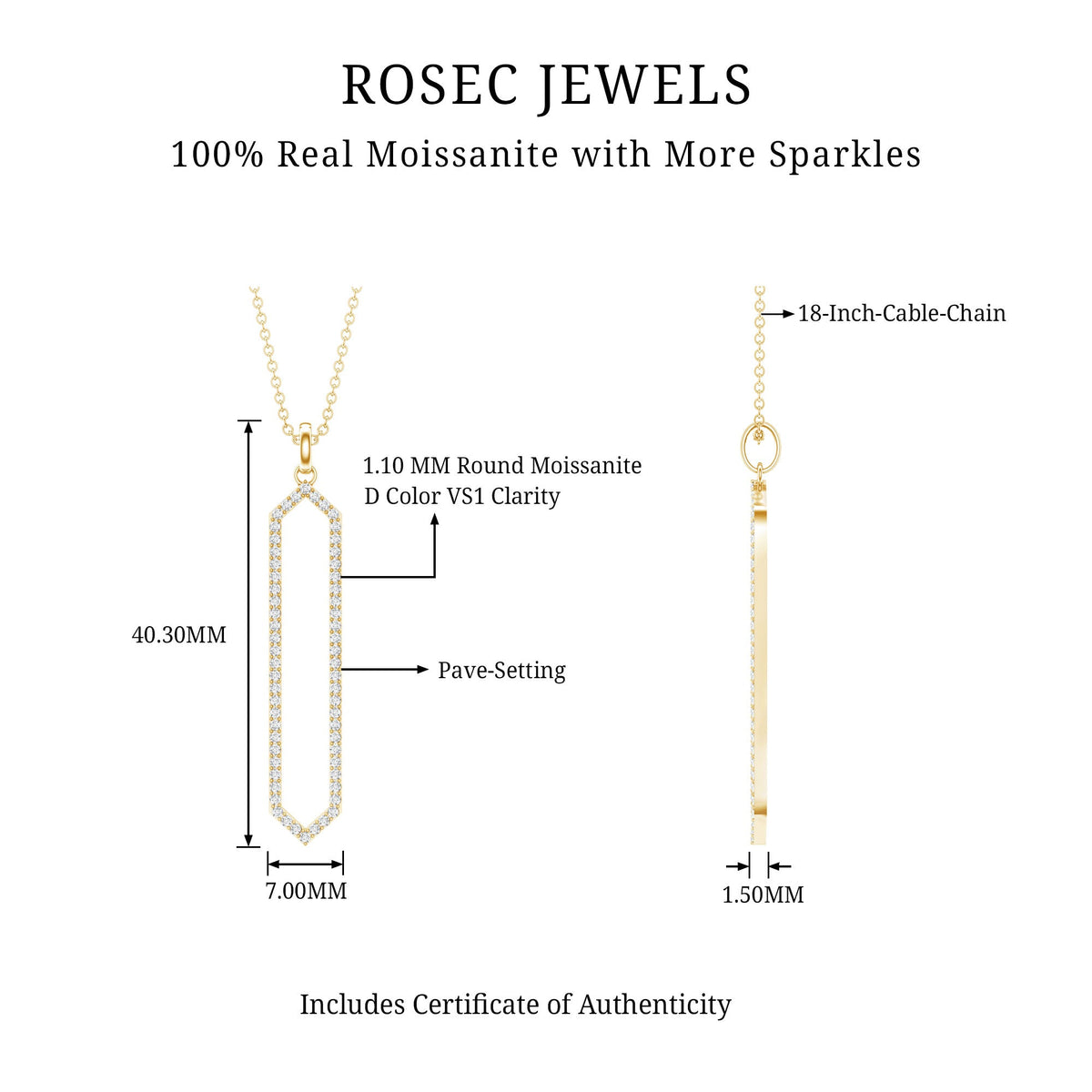 Elongated Hexagonal Moissanite Pendant Necklace with Certificate