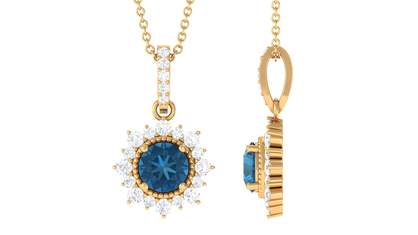 Natural 0.6 Carat London Blue Topaz Pendant Necklace with Diamond Halo
