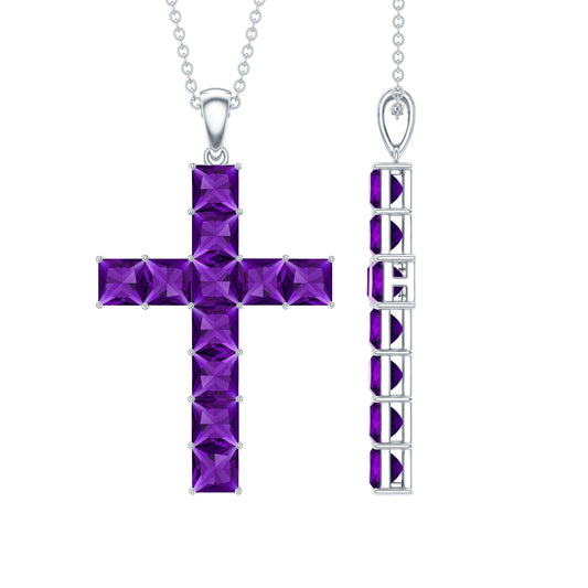 Princess Cut Amethyst Cross Pendant Necklace with Silver Chain