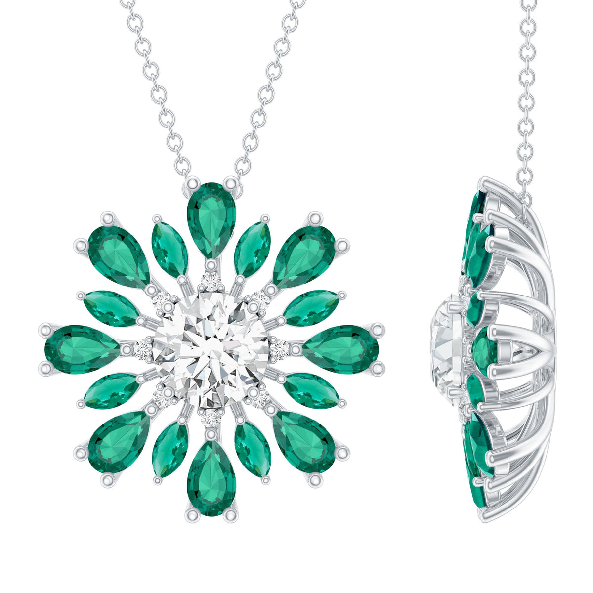 Certified Moissanite Flower Designer Necklace With Lab Emerald