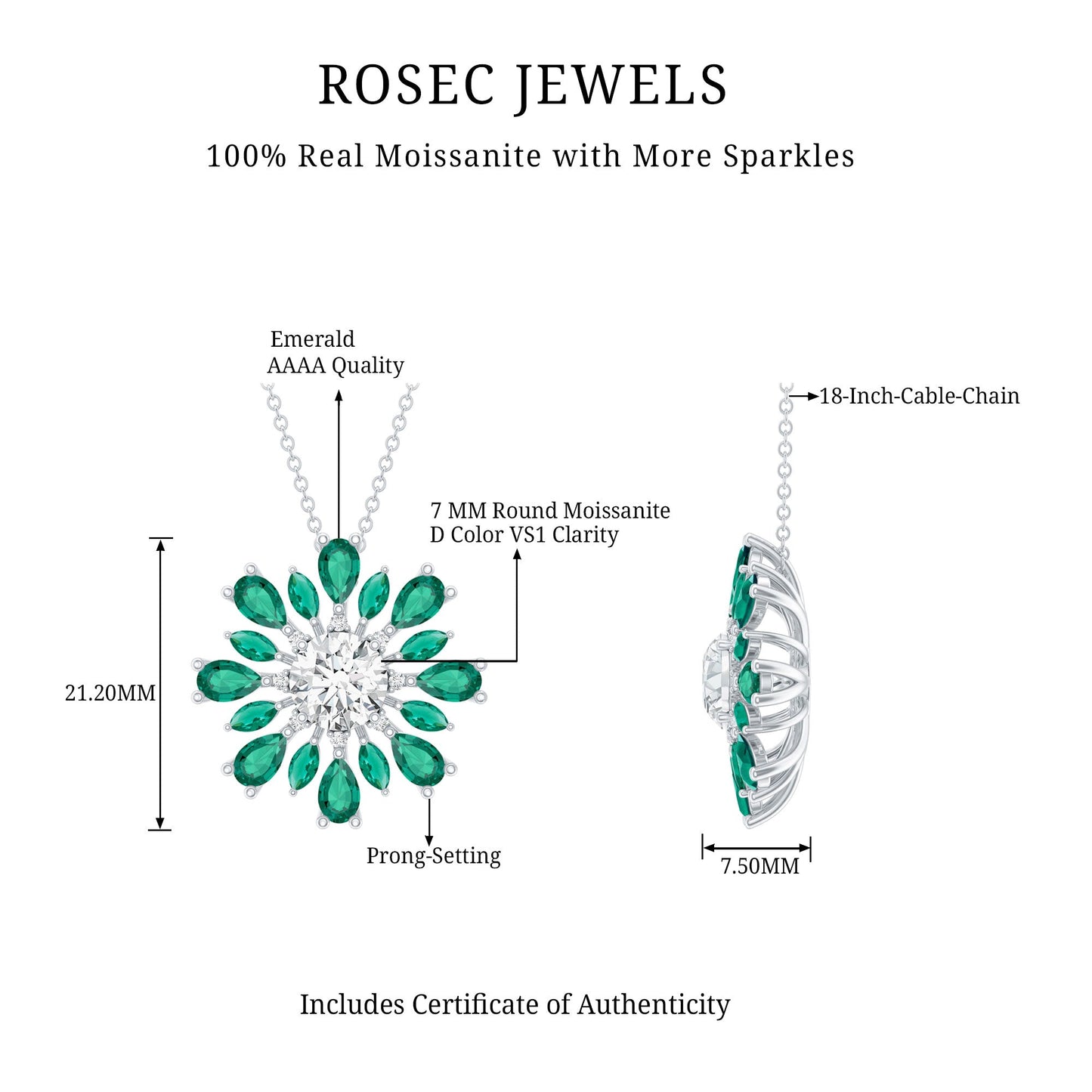 Certified 1.3 Carat Moissanite Statement Flower Necklace With Lab Emerald