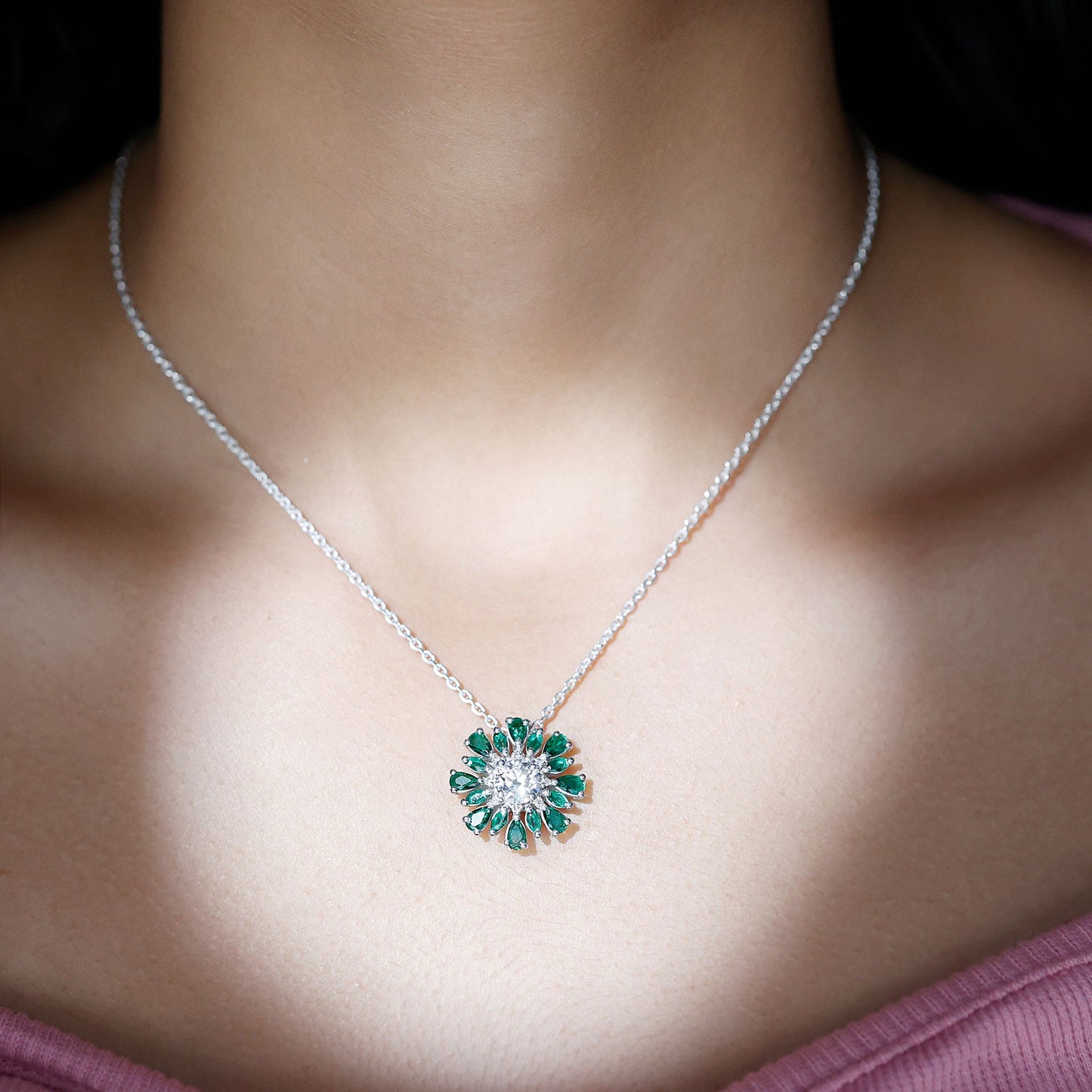 Certified 1.3 Carat Moissanite Statement Flower Necklace With Lab Emerald