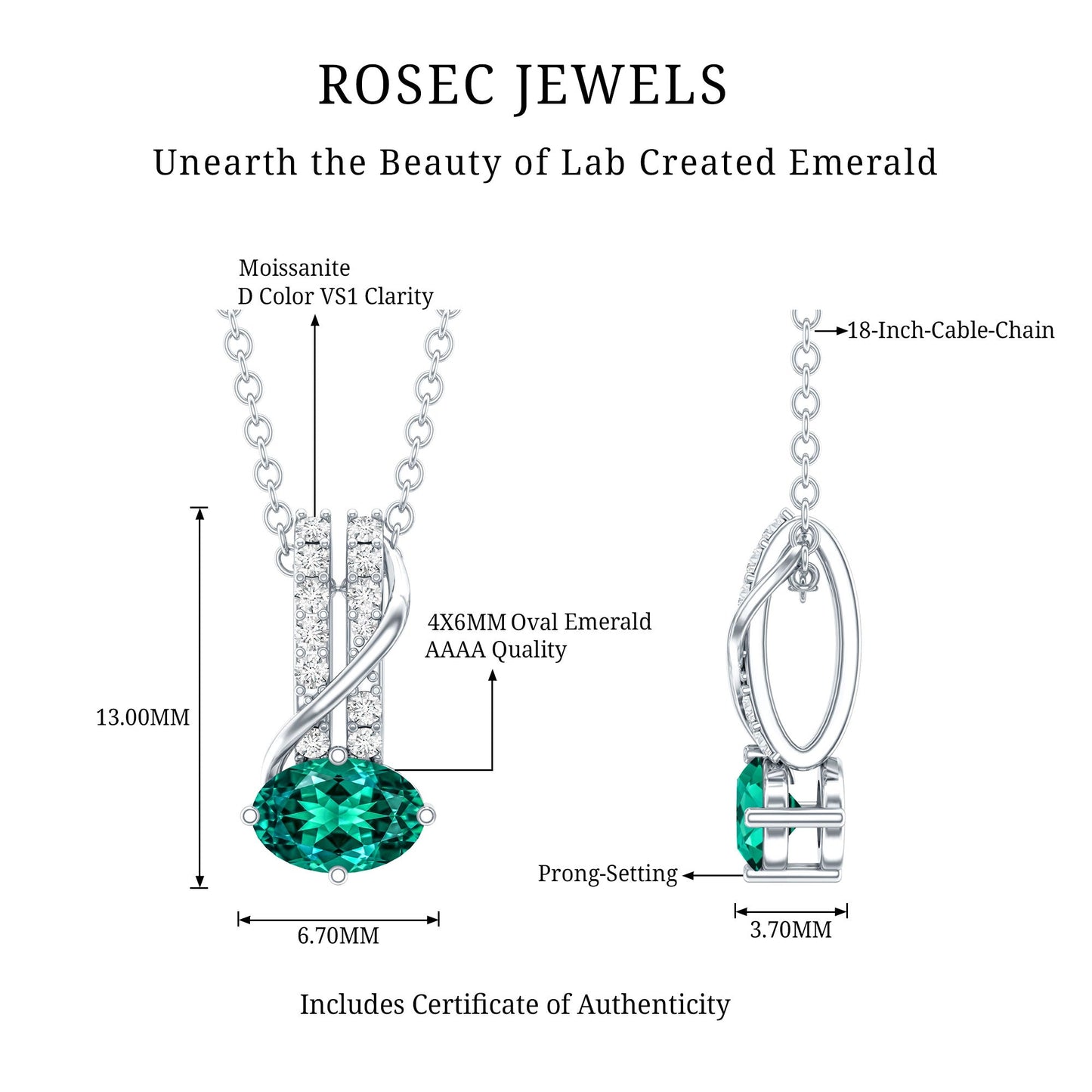 Oval Shaped Lab Emerald East West Necklace with Moissanite