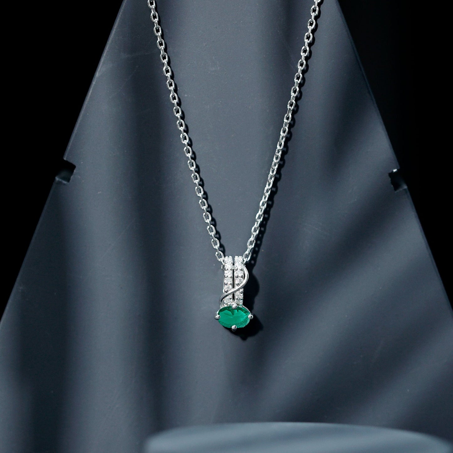 Oval Shaped Lab Emerald East West Necklace with Moissanite