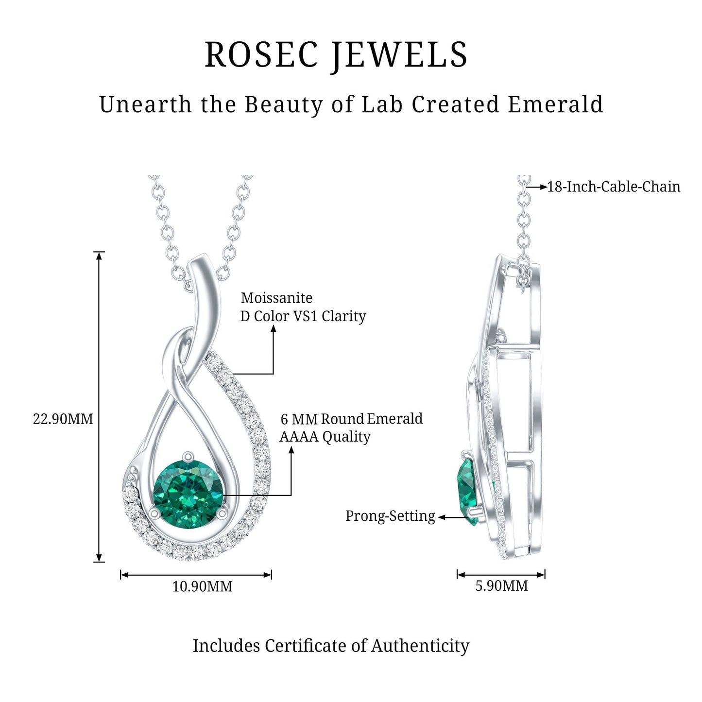 Certified Lab Grown Emerald and Moissanite Teardrop Necklace in Silver