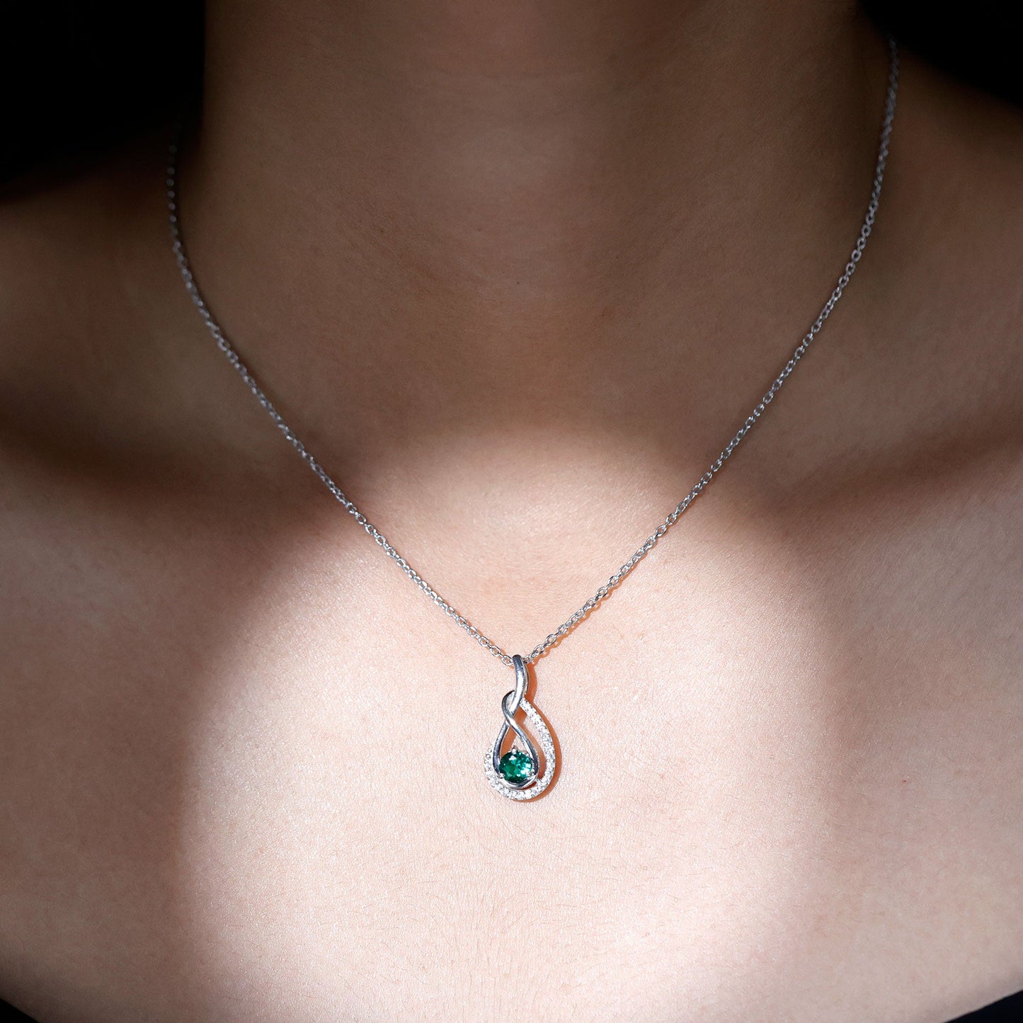 Certified Lab Grown Emerald and Moissanite Teardrop Necklace in Silver