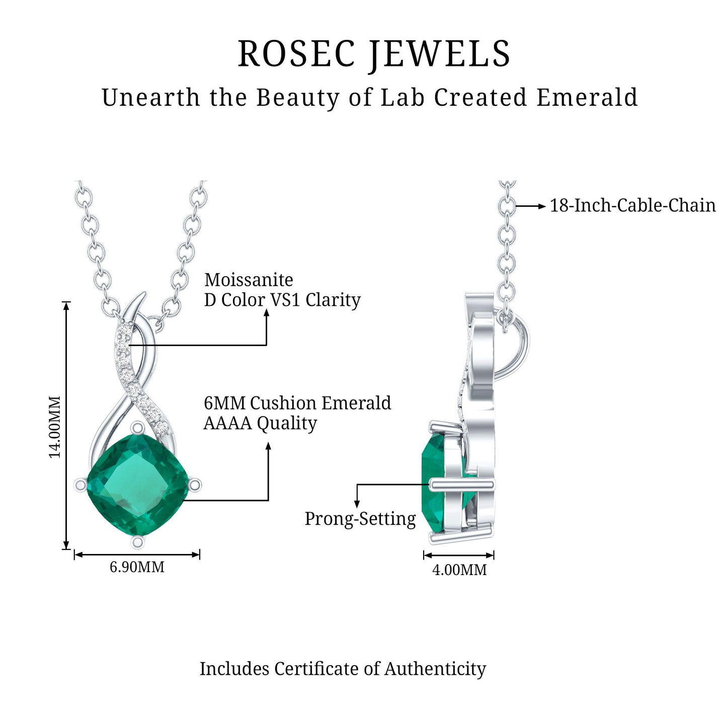 0.9 Carat Cushion Cut Lab Created Emerald Infinity Necklace With Silver Chain