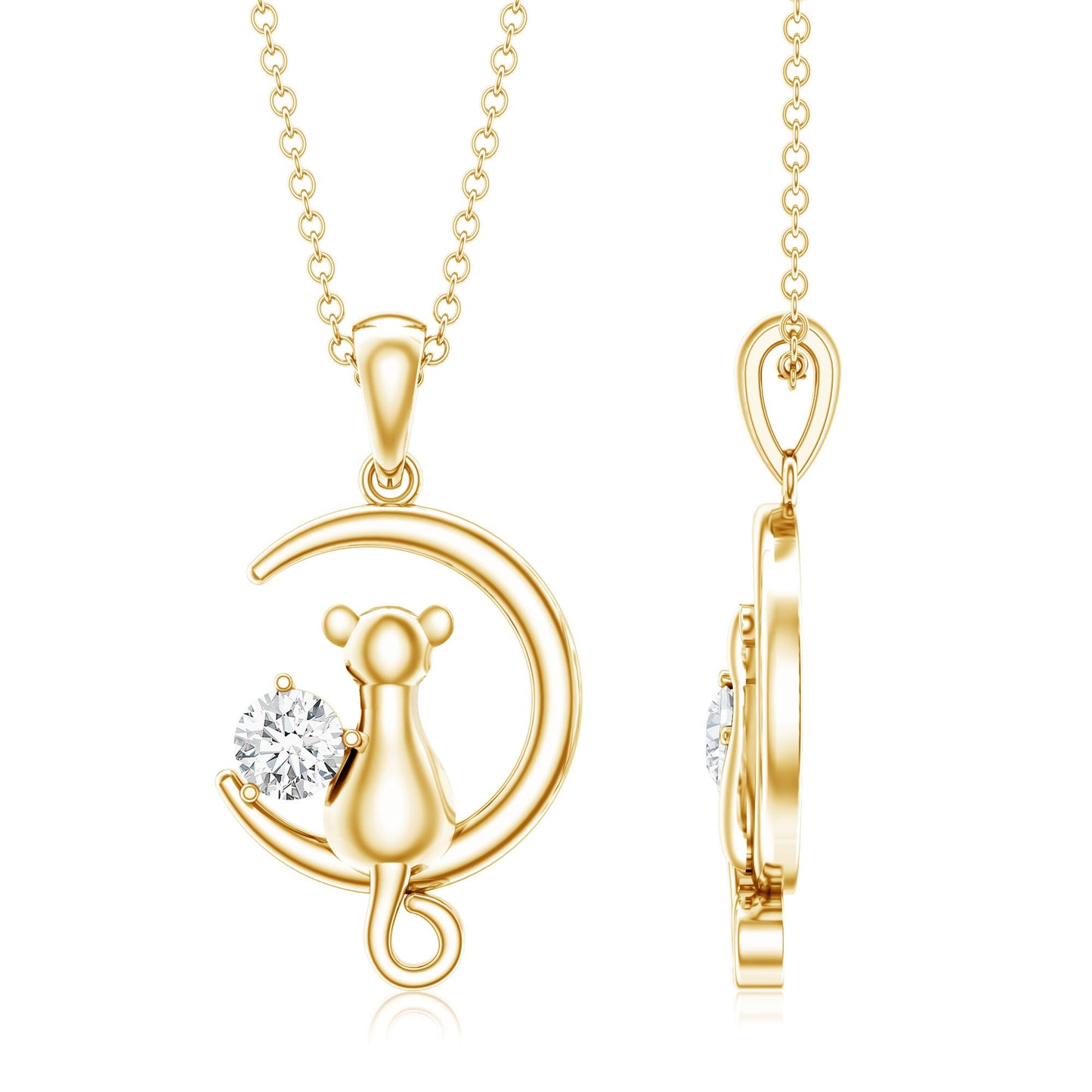 Certified Diamond Cat on Moon Necklace