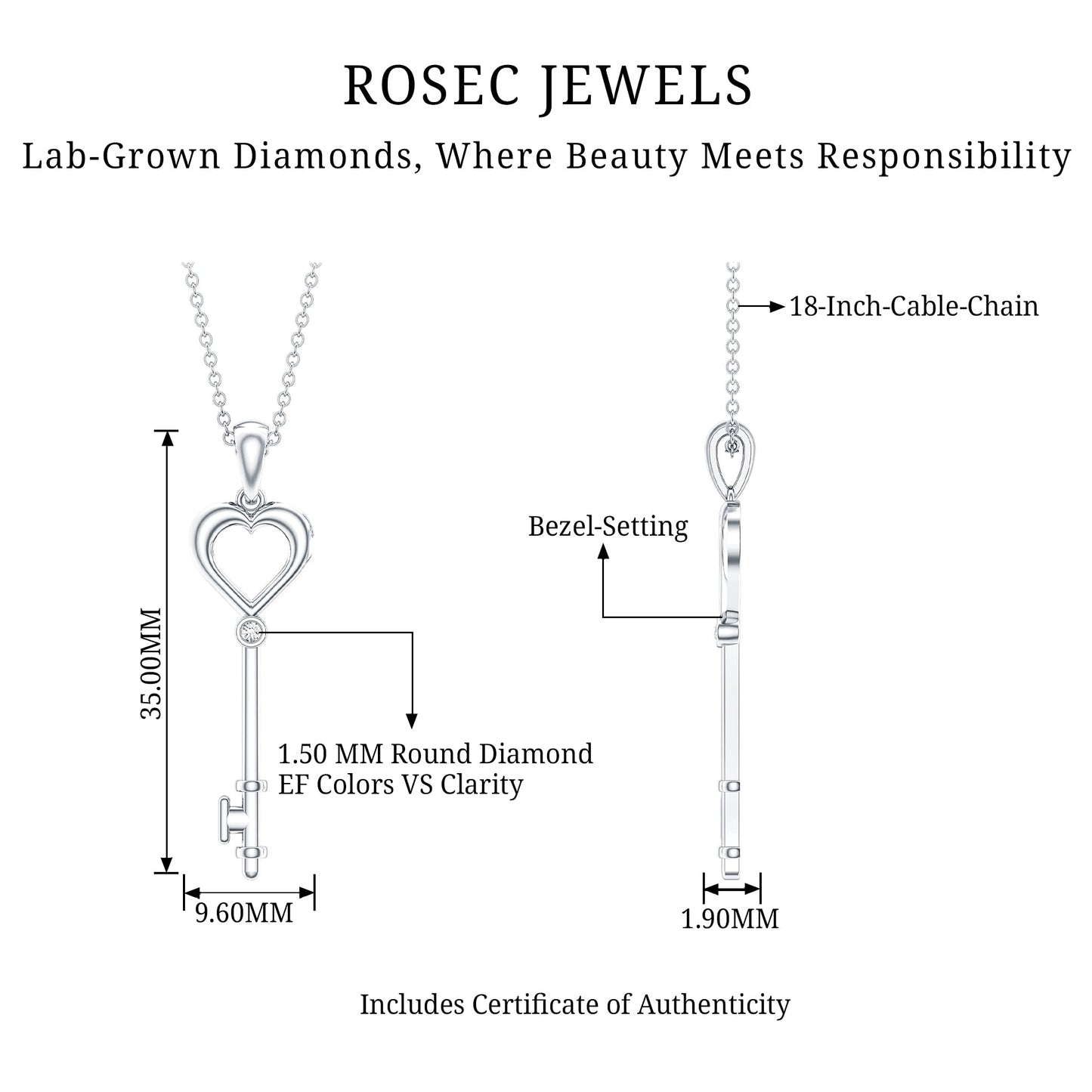 Diamond Heart Key Pendant Necklace For Women