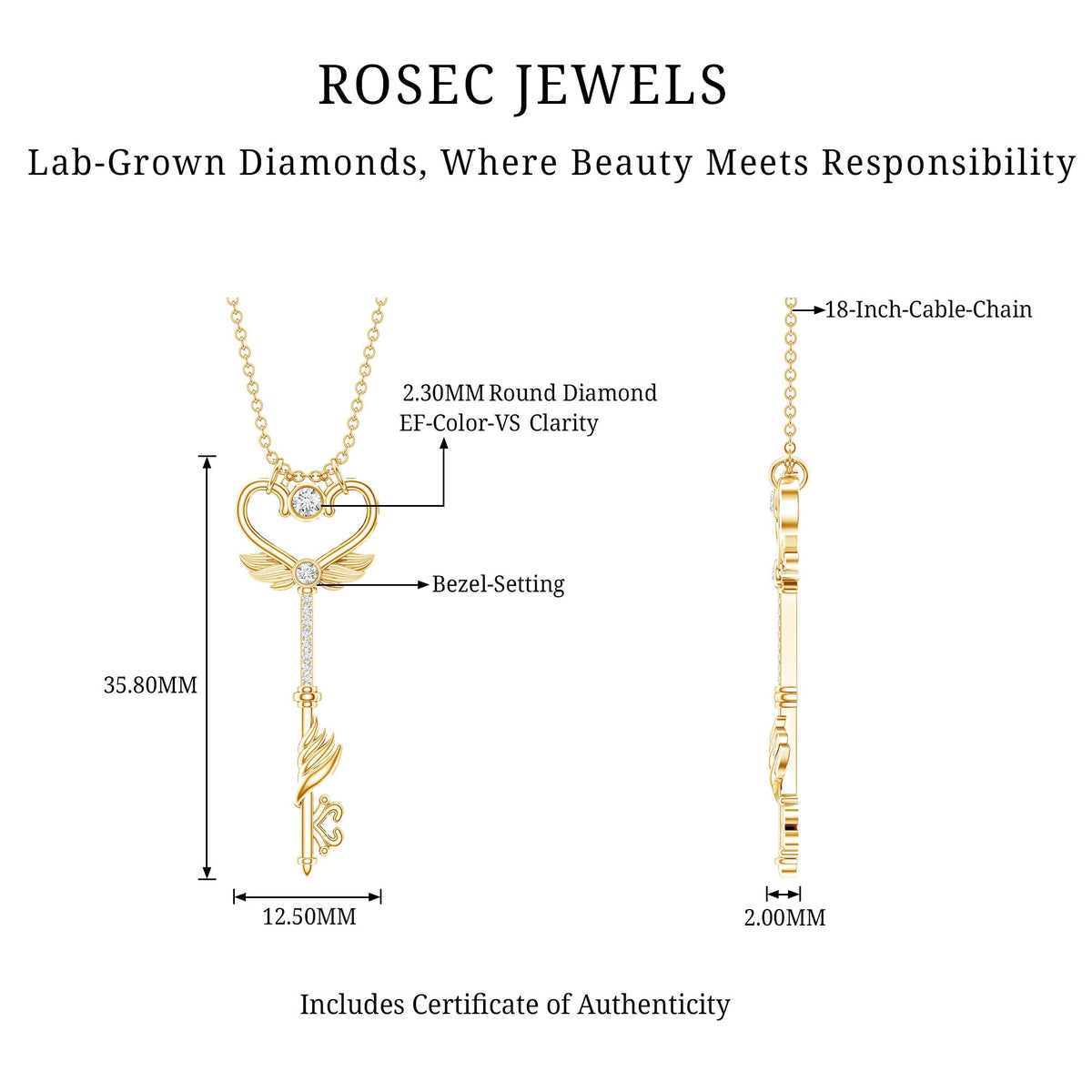 Diamond Key Necklace with Angel Wings