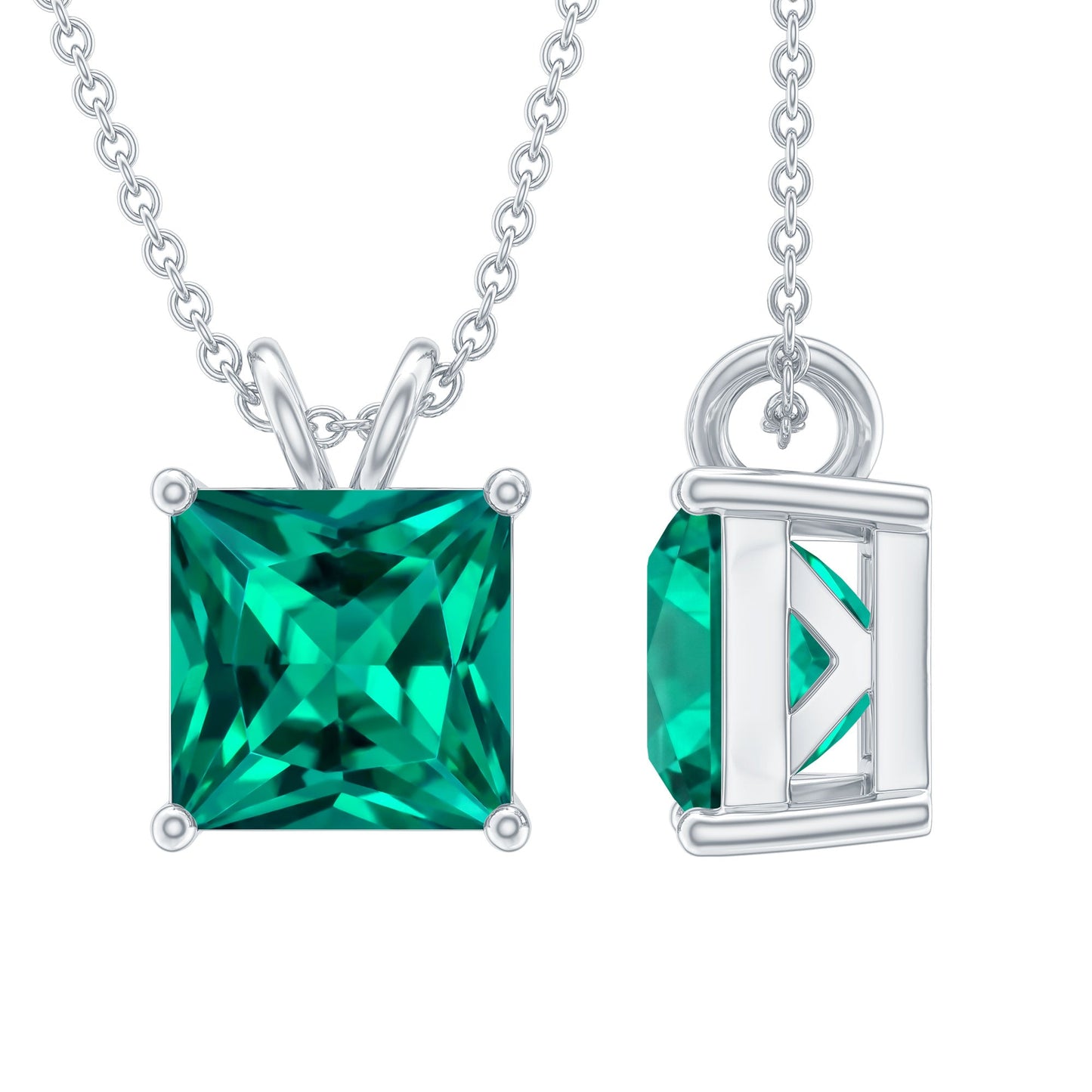 Certified Square Cut Lab Grown Emerald Solitaire Necklace With Chain