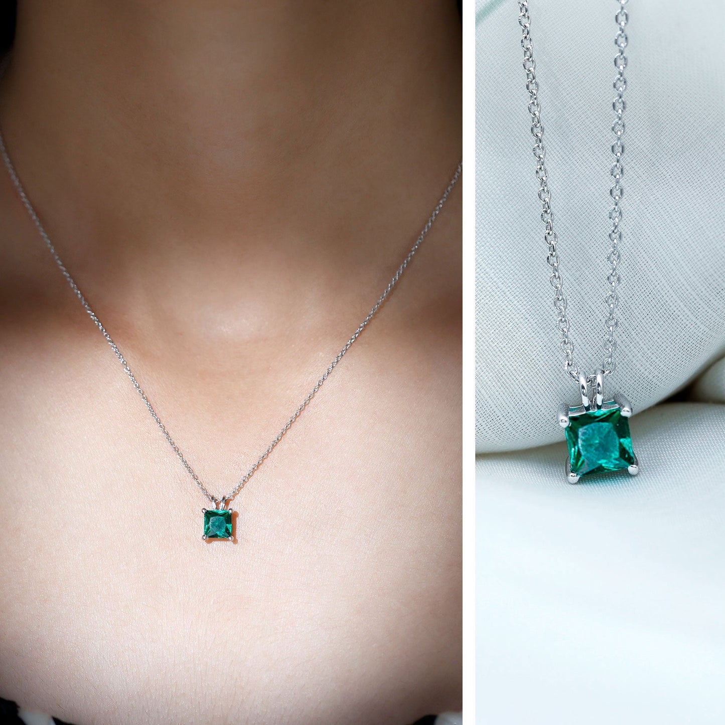 Certified Square Cut Lab Grown Emerald Solitaire Necklace With Chain