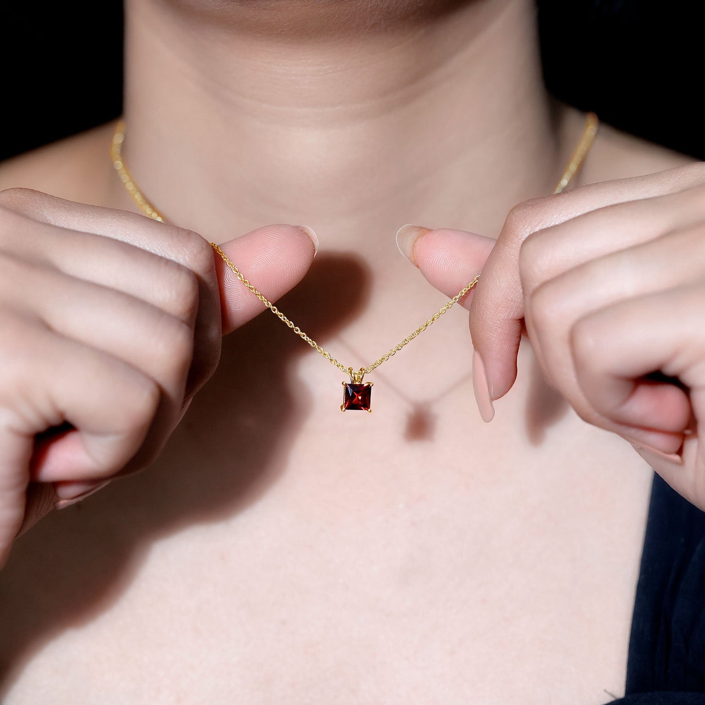 Genuine Princess Cut Garnet Solitaire Locket With Chain