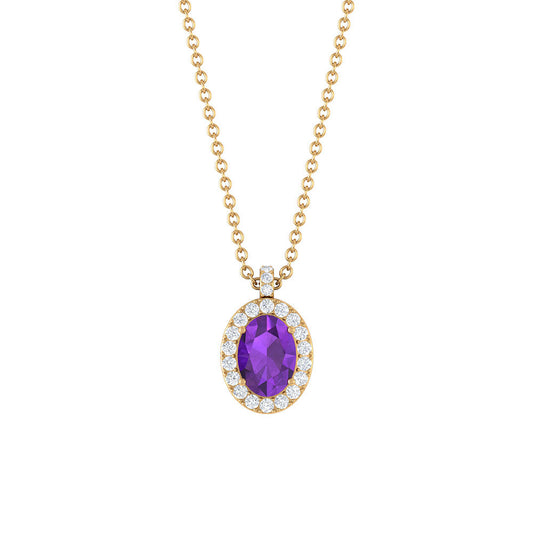 Natural 1 Carat Oval Amethyst Necklace with Diamond Halo