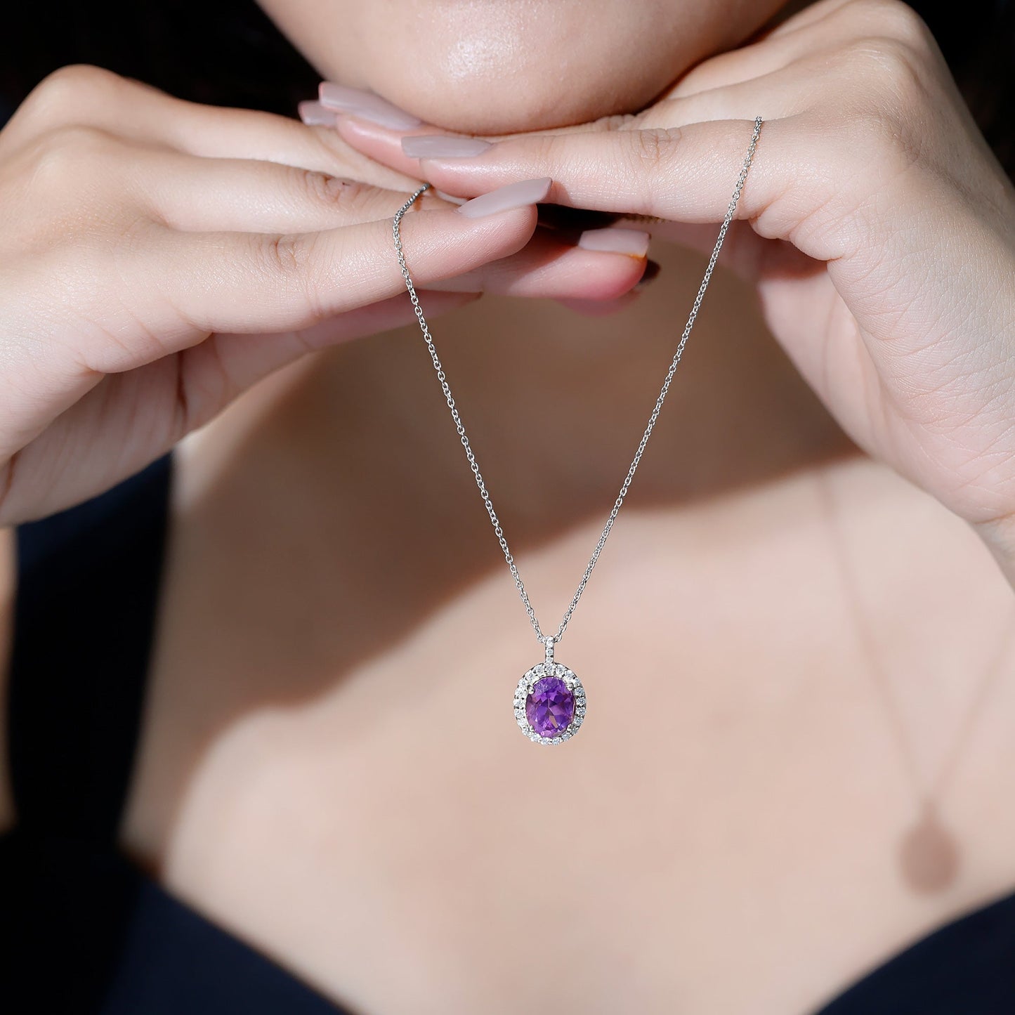 Certified 2.5 Carat Amethyst Oval Necklace with Moissanite Halo