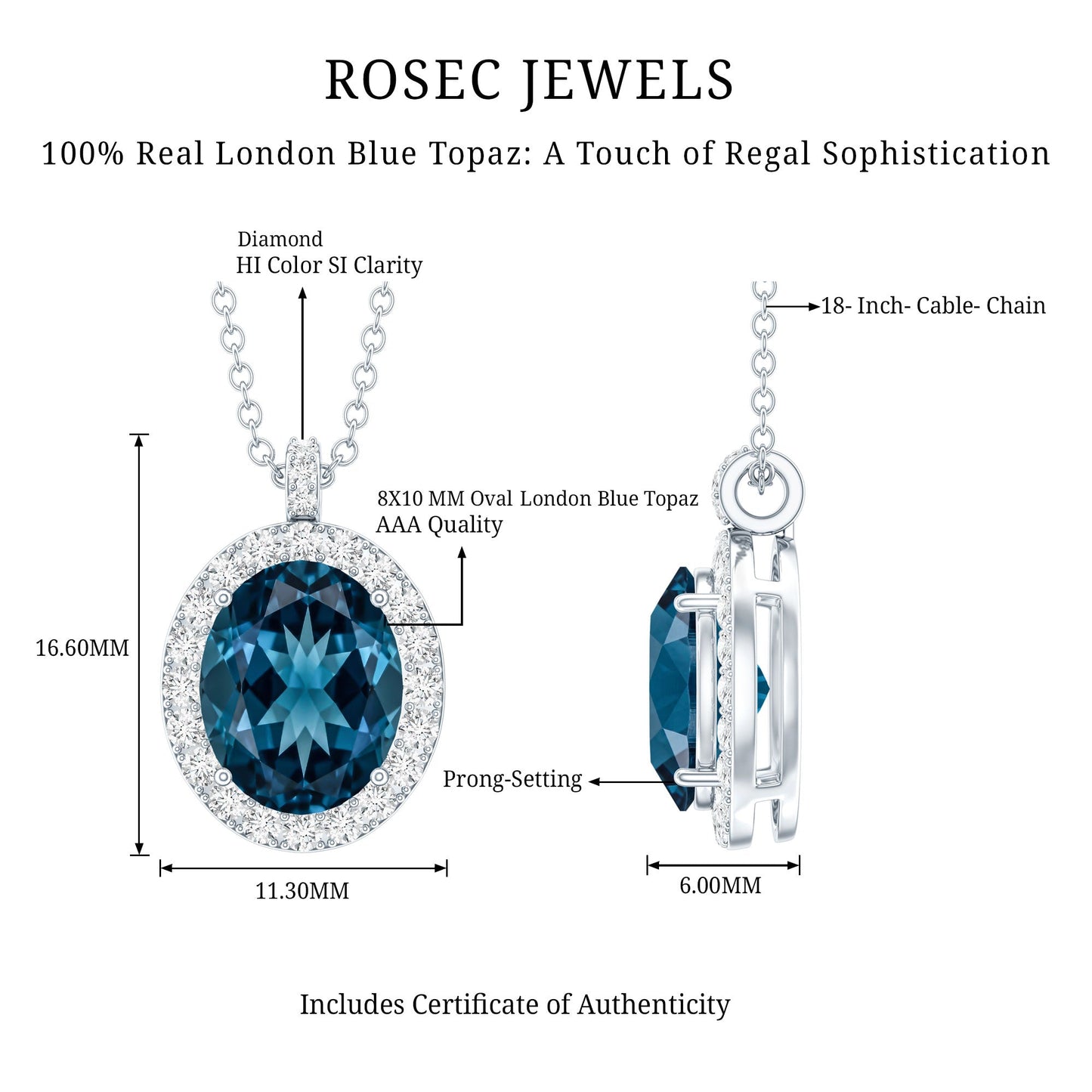 Genuine 2.5 Carat Oval Cut London Blue Topaz and Diamond Necklace
