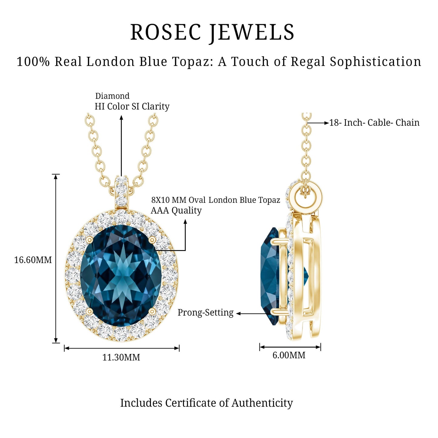 Genuine 2.5 Carat Oval Cut London Blue Topaz and Diamond Necklace