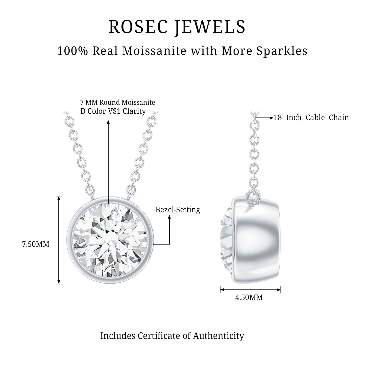 Bezel Set 1.36 Carat Round Moissanite Necklace in Silver