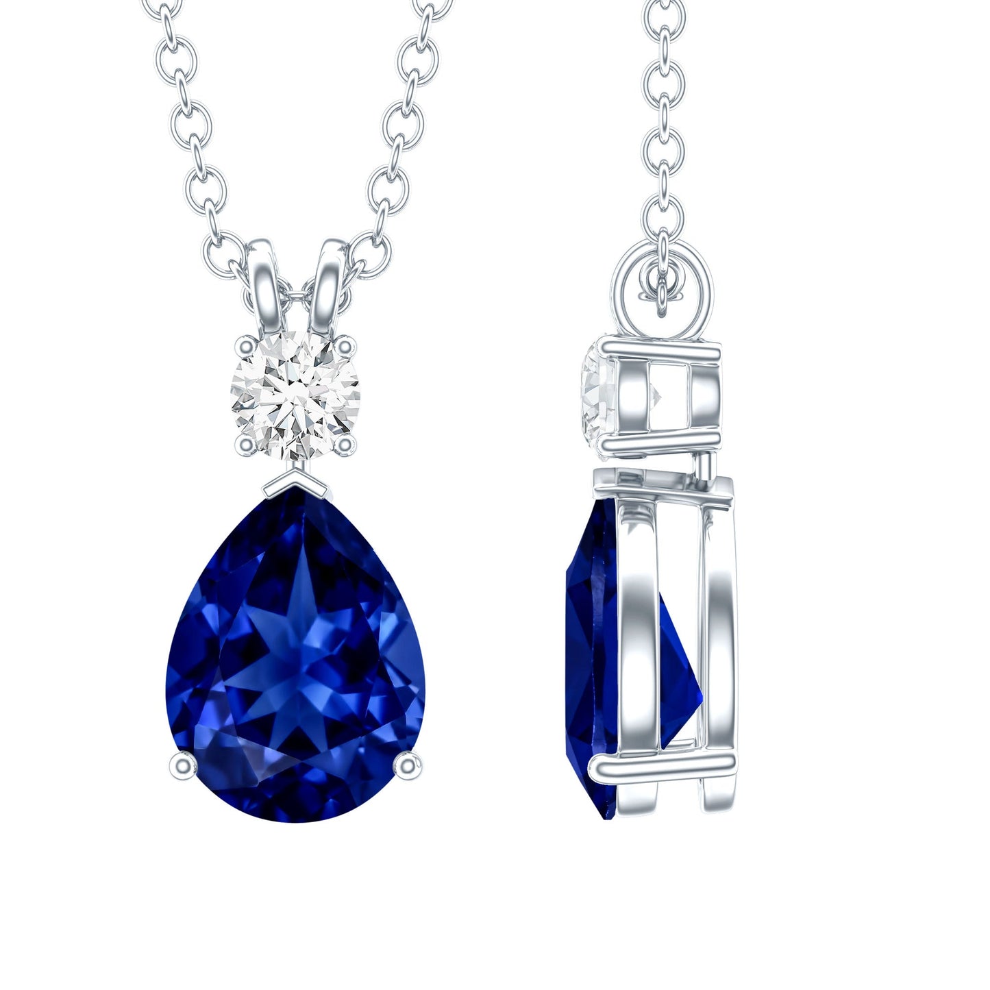 Certified 1.6 Carat Lab Grown Blue Sapphire Teardrop Necklace with Silver Chain