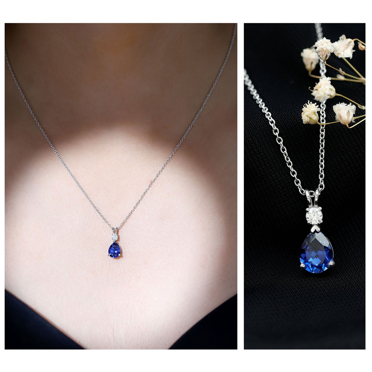 Certified 1.6 Carat Lab Grown Blue Sapphire Teardrop Necklace with Silver Chain