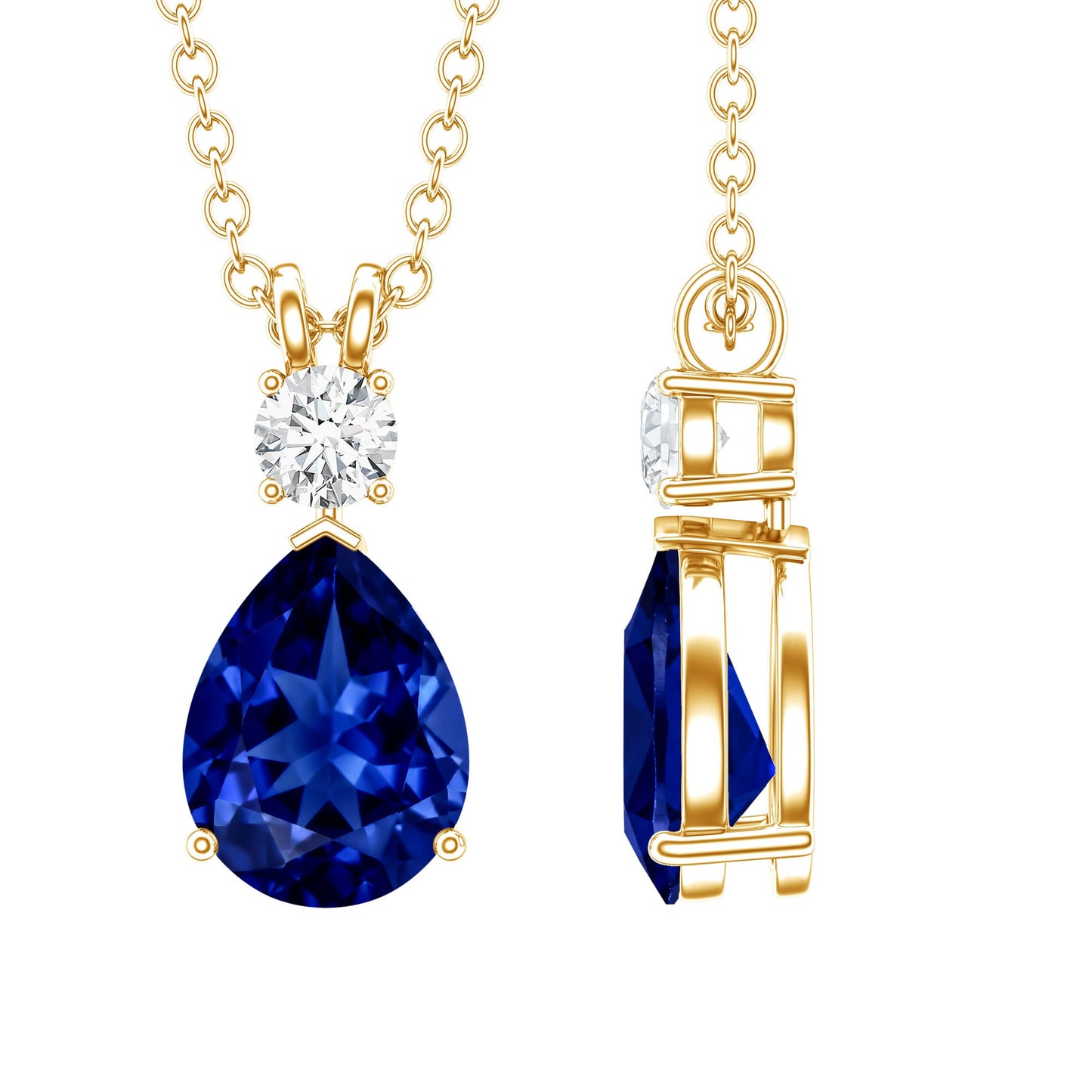 Lab Created Blue Sapphire Teardrop Necklace with Moissanite