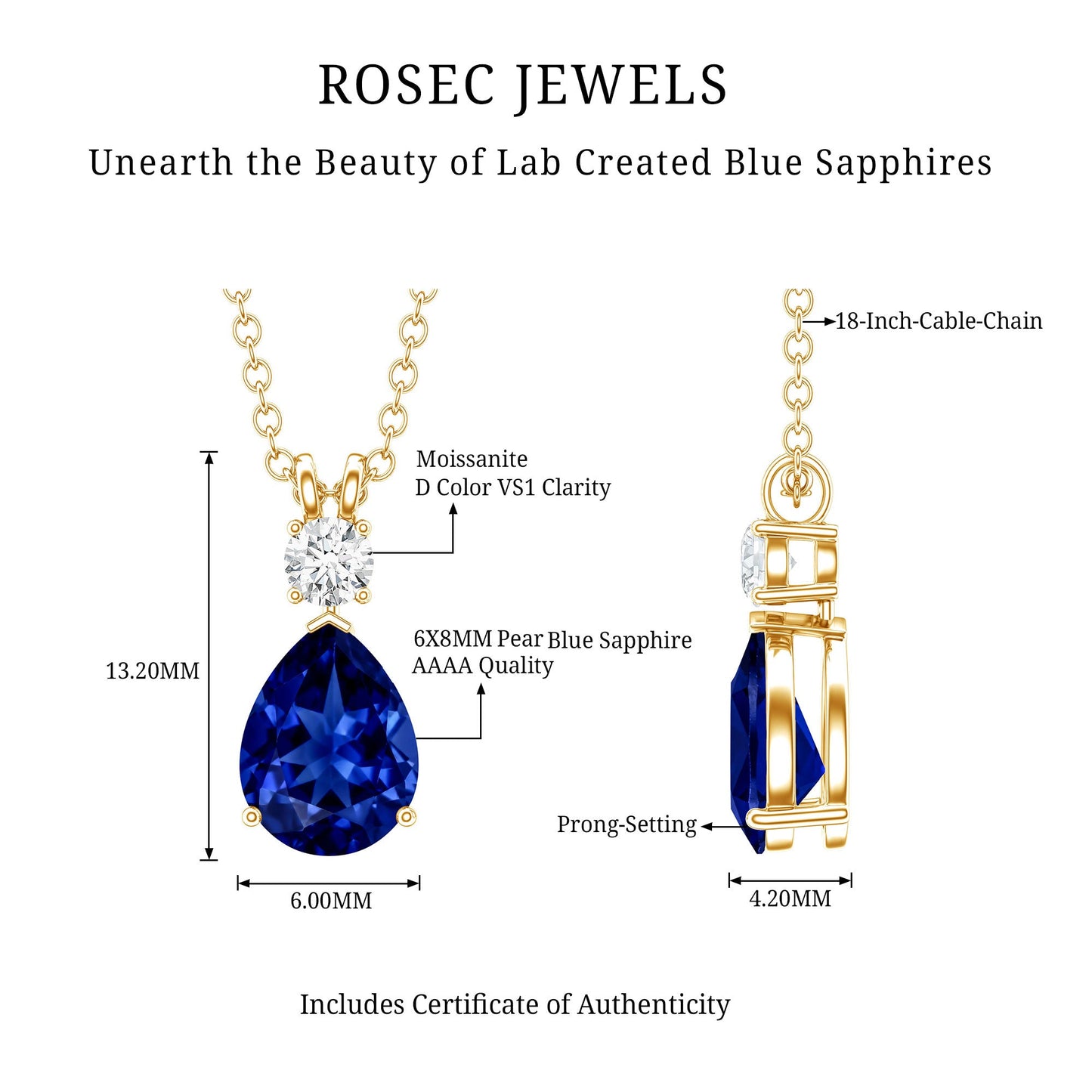 Lab Created Blue Sapphire Teardrop Necklace with Moissanite