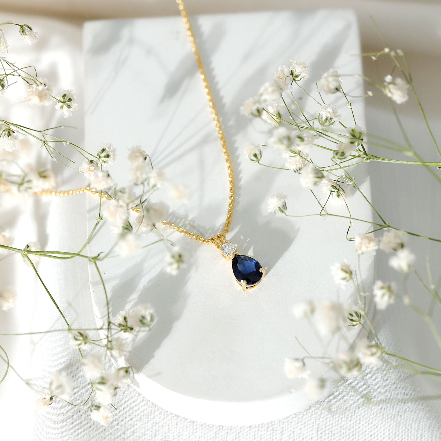 Lab Created Blue Sapphire Teardrop Necklace with Moissanite