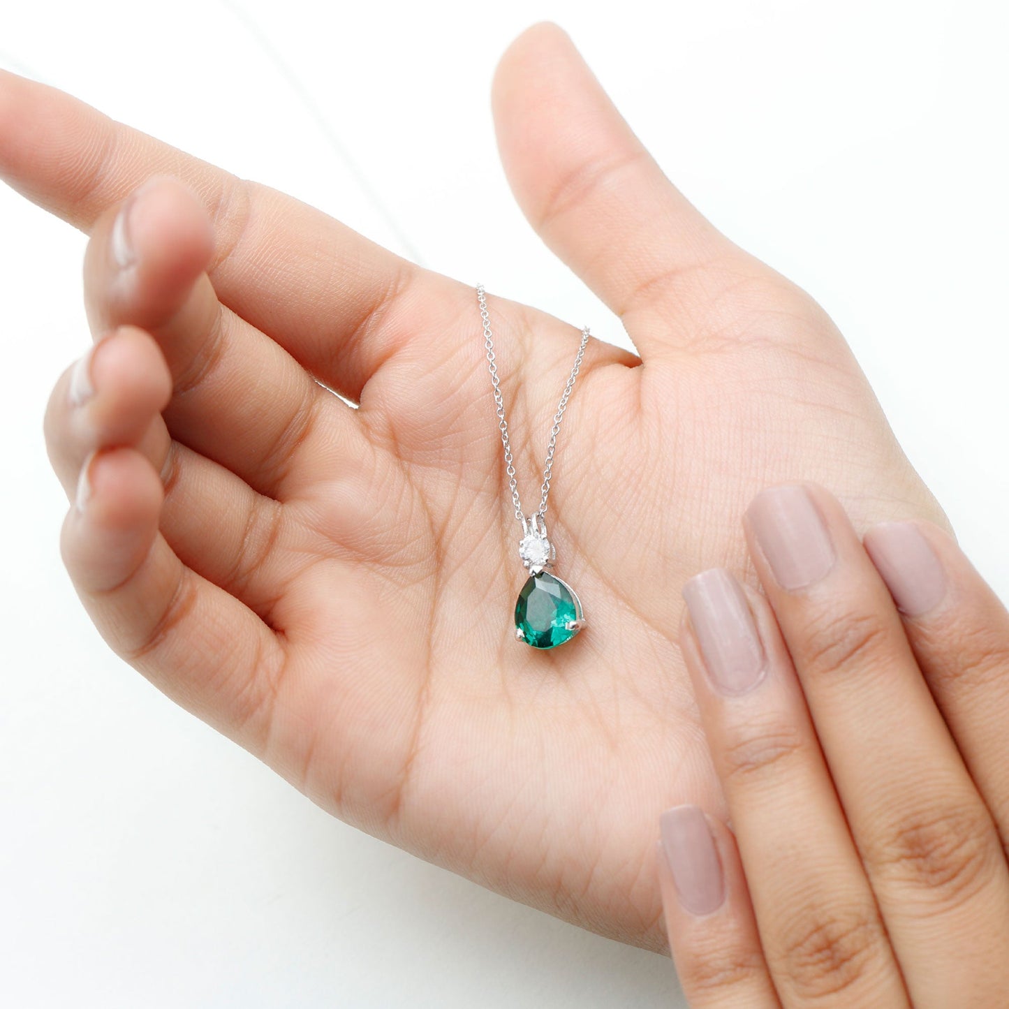 Lab Grown Emerald Teardrop Pendant with Moissanite