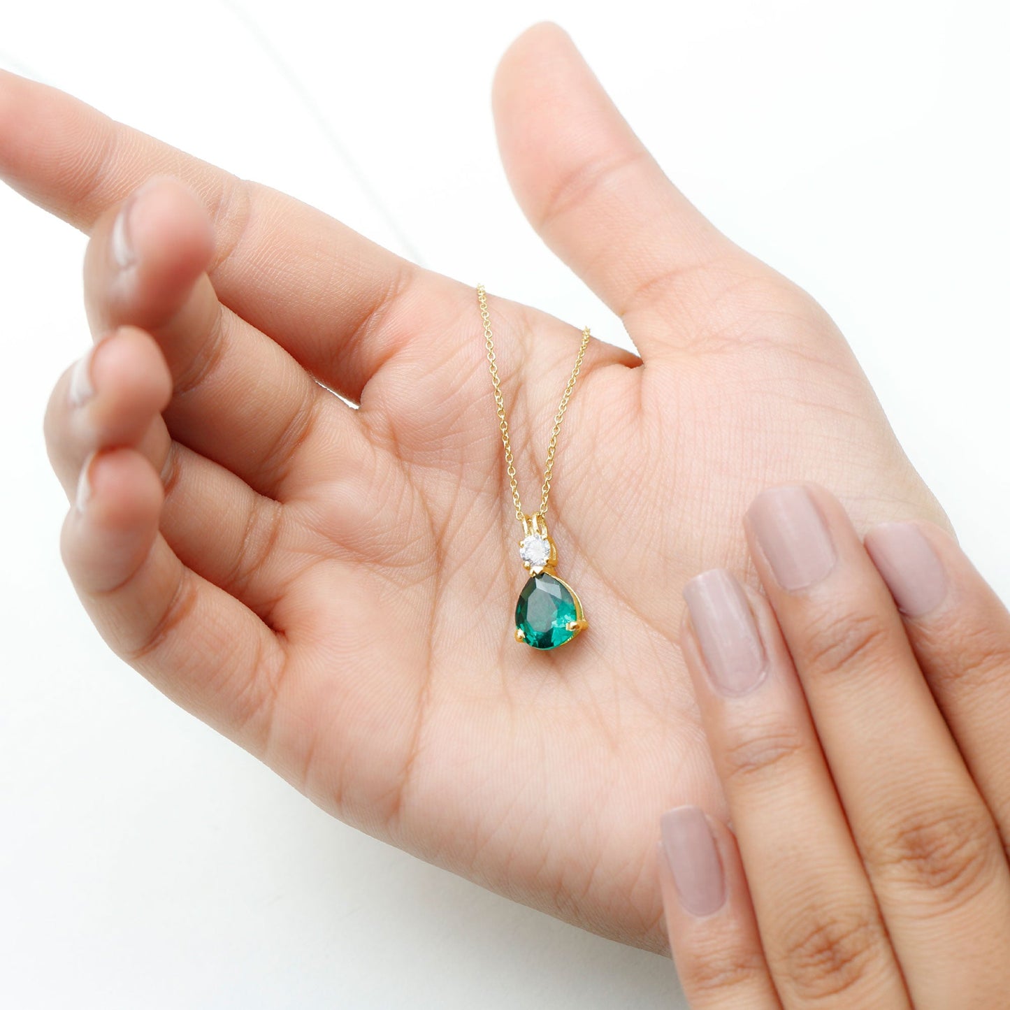 Lab Grown Emerald Teardrop Pendant with Moissanite
