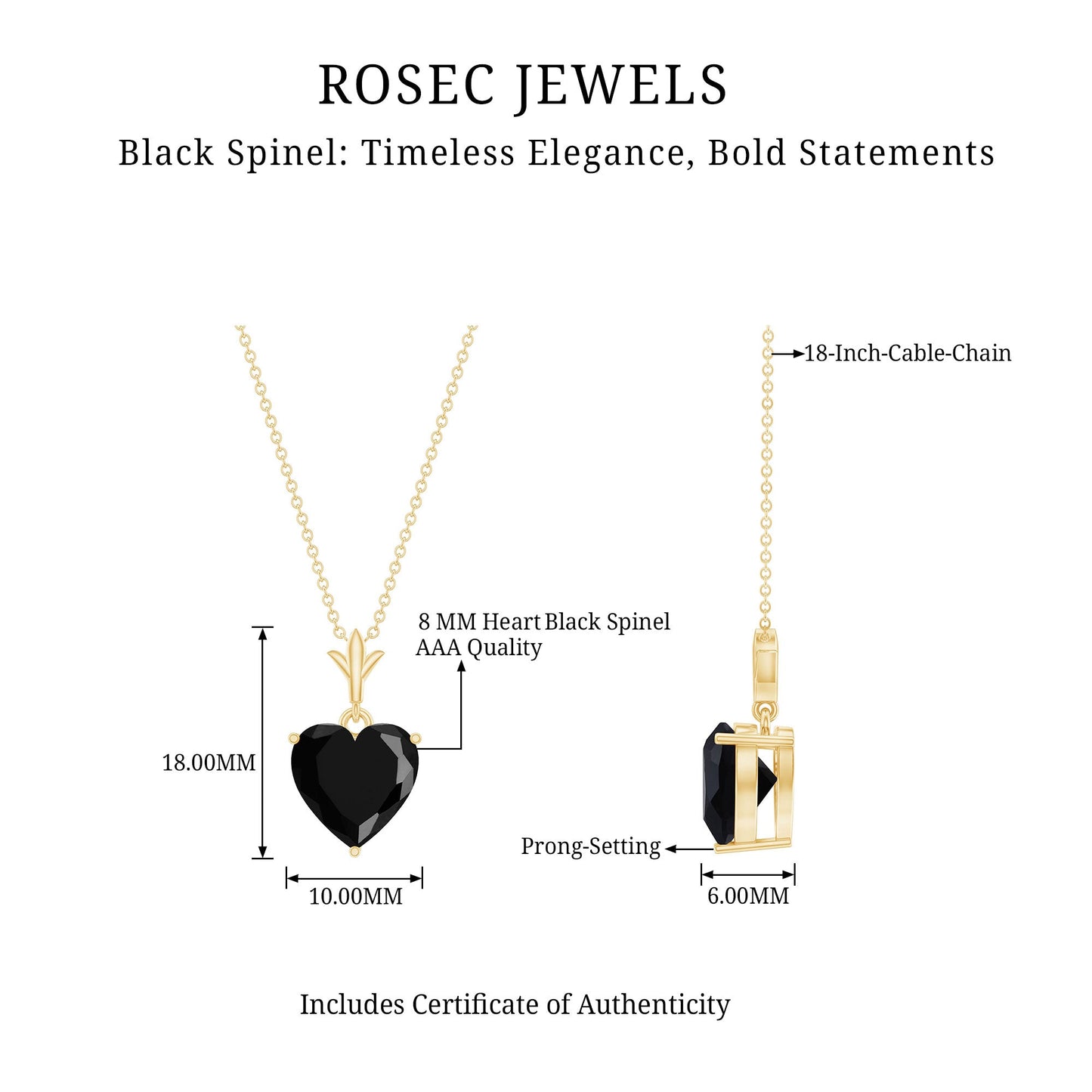 Natural Black Spinel Heart Necklace for Women