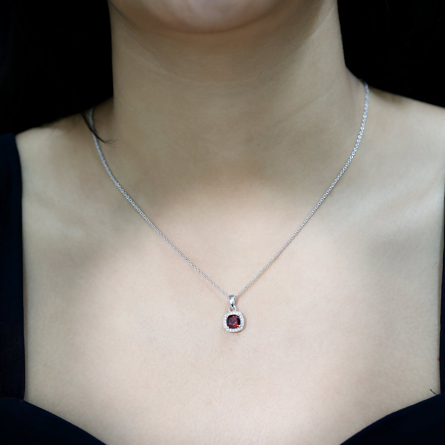 Cushion Cut Garnet and Moissanite Halo Pendant Necklace With Chain