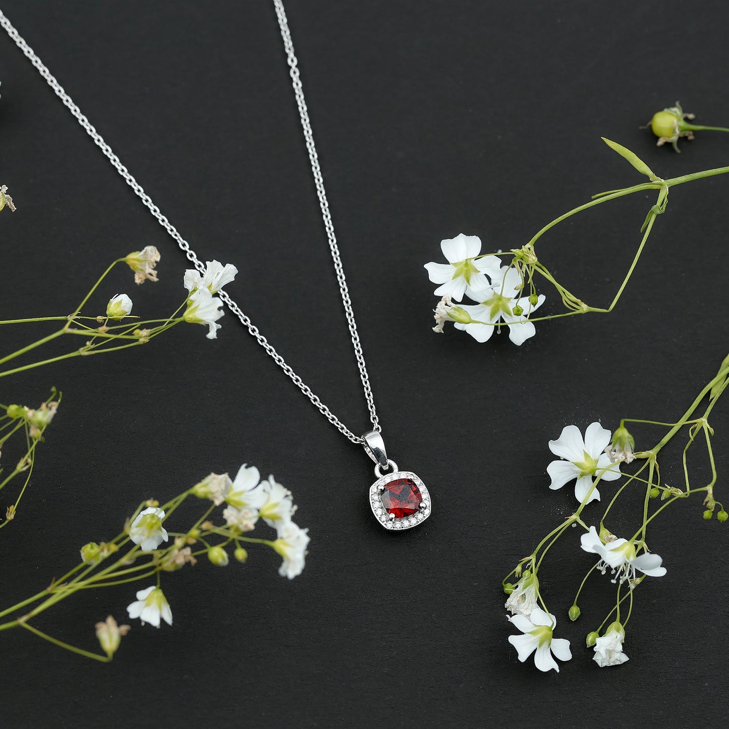 Natural 3 Carat Garnet Halo Necklace with Silver Chain