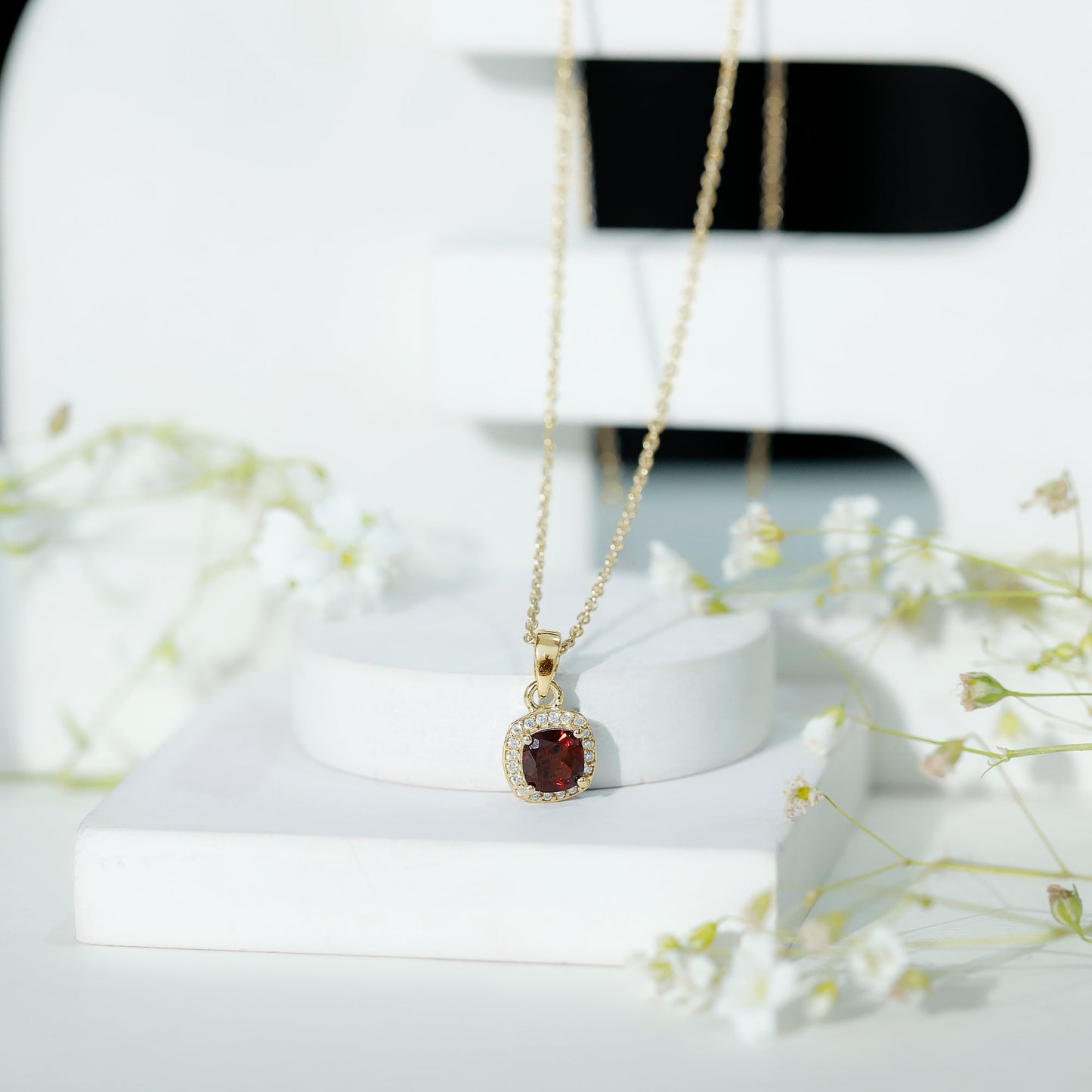 Cushion Cut Garnet and Moissanite Halo Pendant Necklace With Chain
