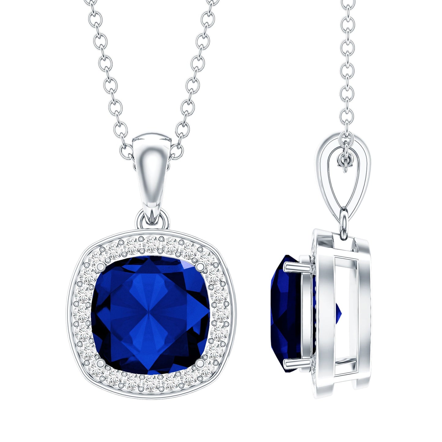 2.7 Carat Cushion Cut Lab Created Blue Sapphire and Diamond Halo Pendant